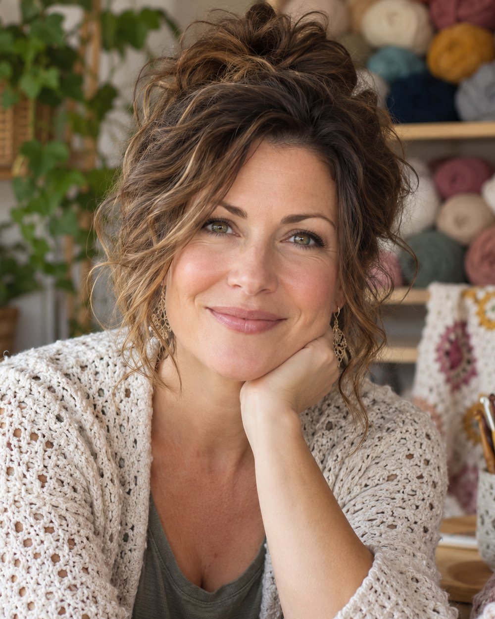 Emily Whitmore, designer and writer of The Crochet Side, in her yarn studio